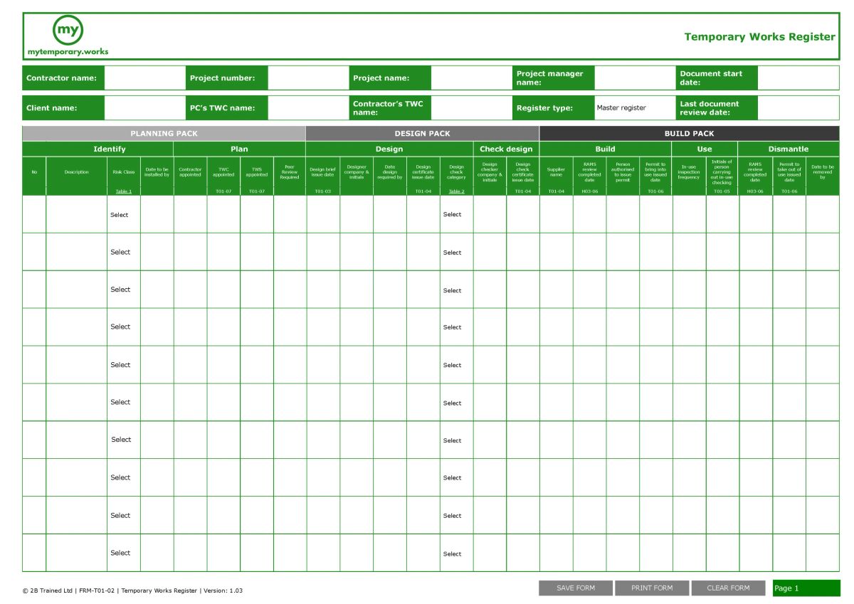 Temporary Works Register